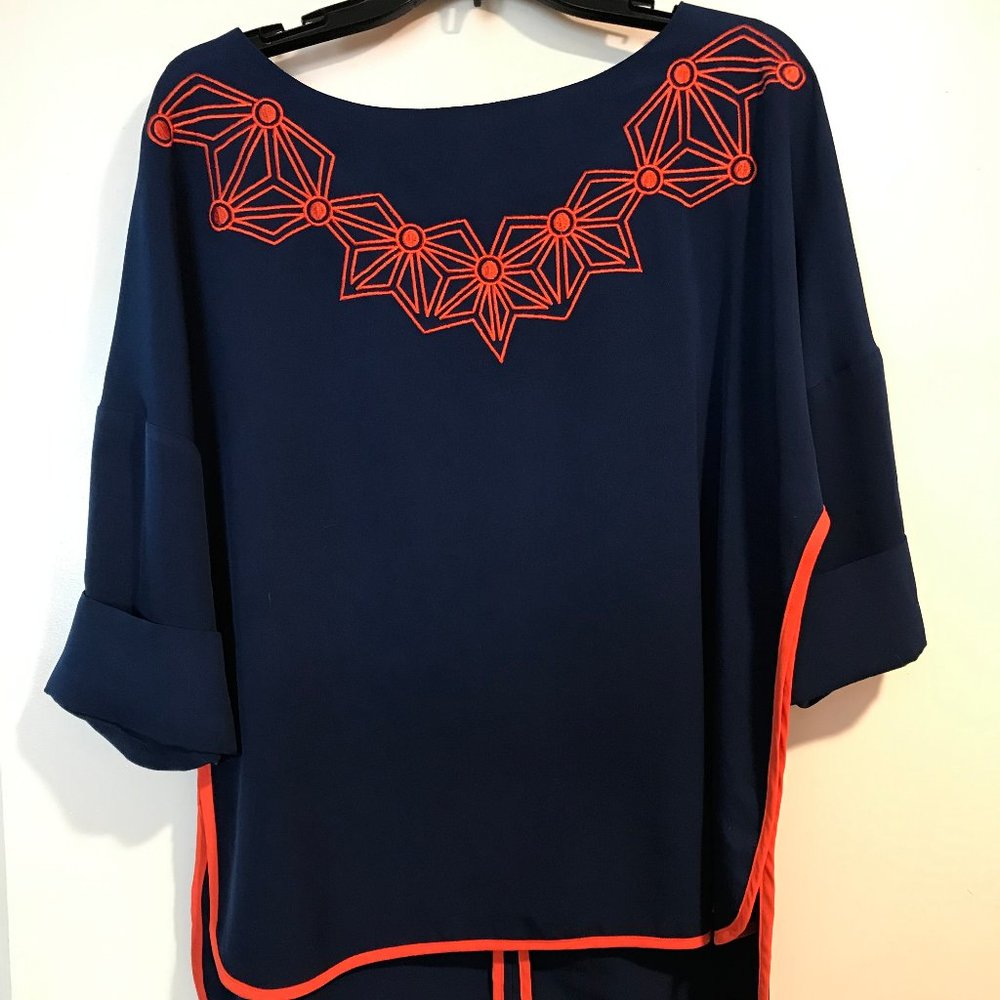 Embroidered Top with Contrast Piping L